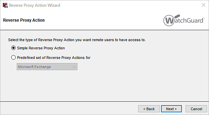 Screenshot that shows the selection of which type of reverse proxy action to add.